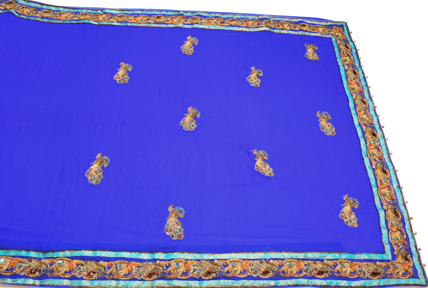 Sushila Vintage Handmade AppliqueWork Saree Art Georgette HEAVY Blue Sari Fabric