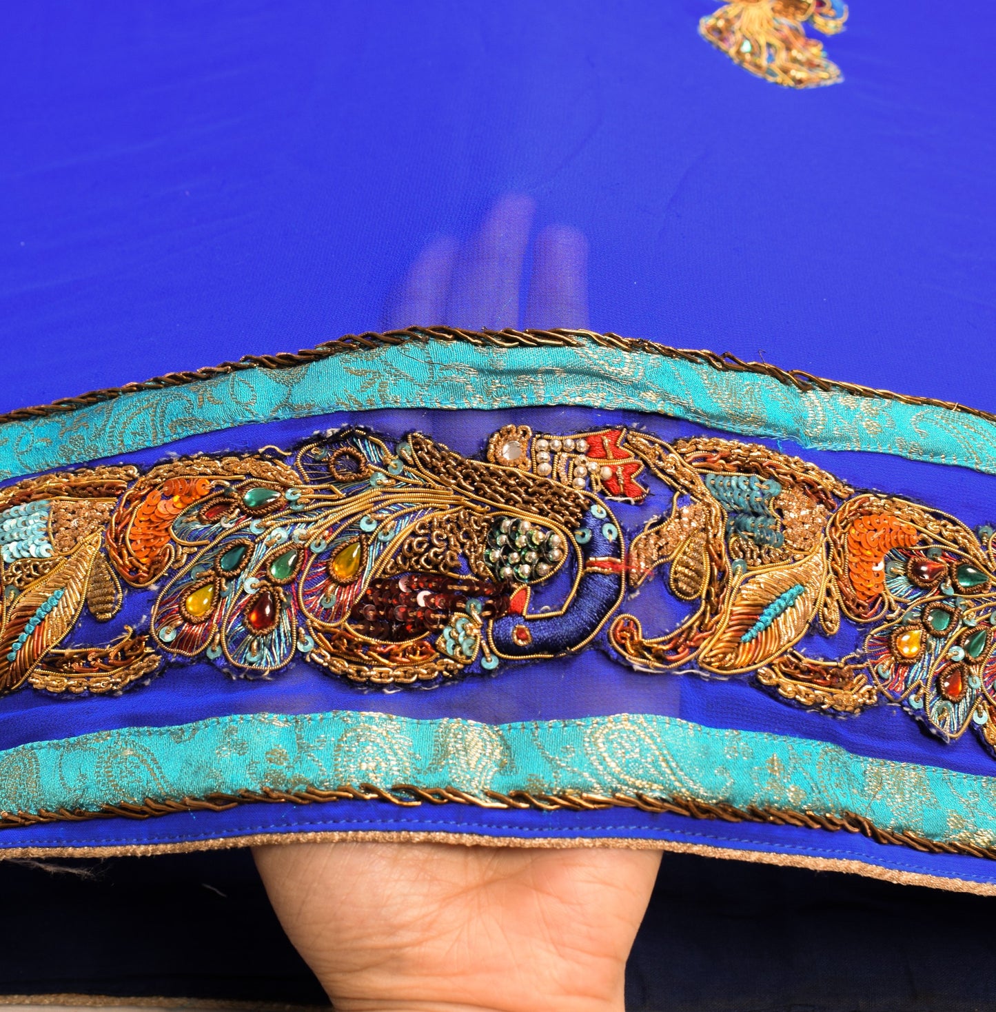 Sushila Vintage Handmade AppliqueWork Saree Art Georgette HEAVY Blue Sari Fabric