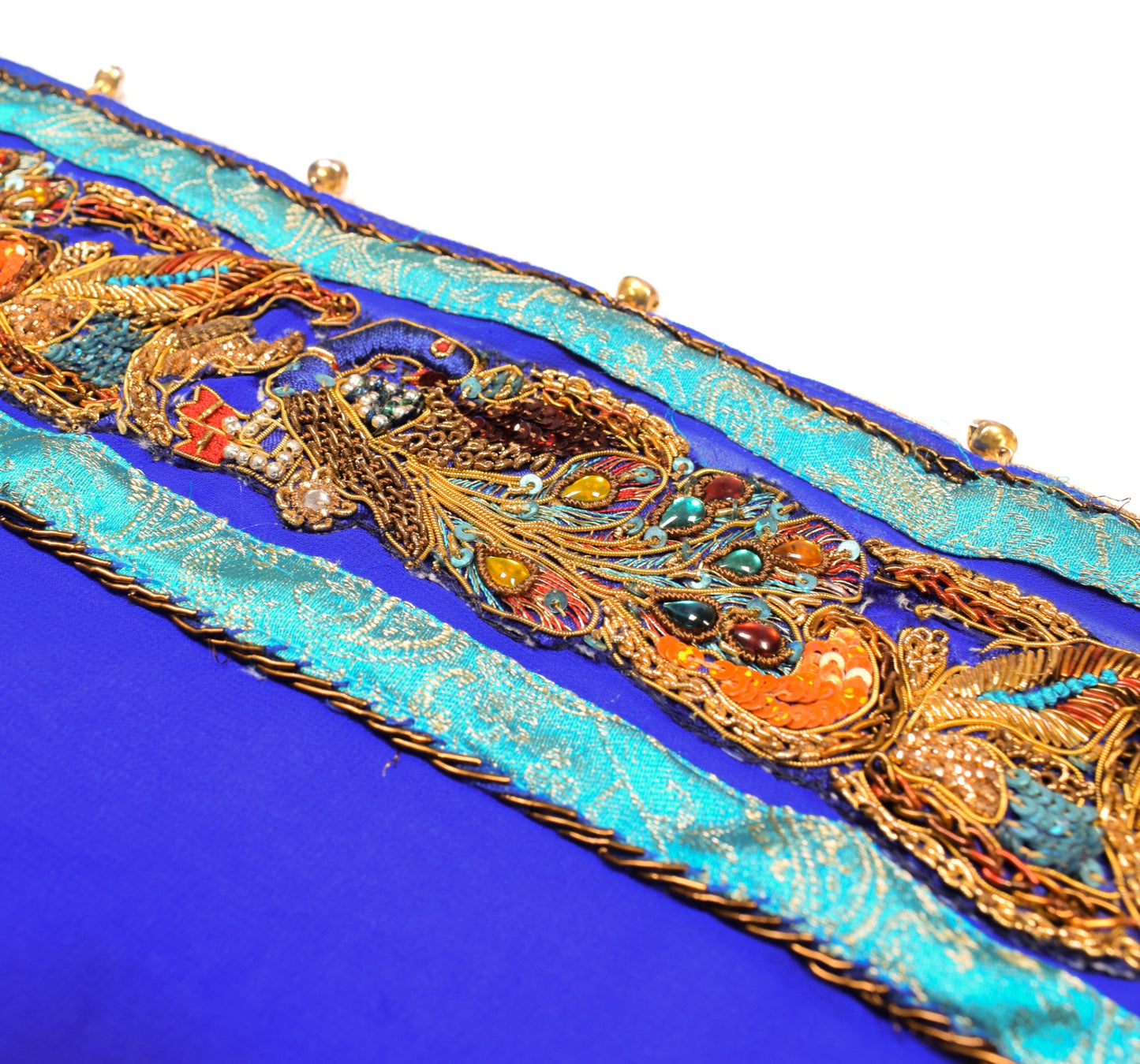 Sushila Vintage Handmade AppliqueWork Saree Art Georgette HEAVY Blue Sari Fabric