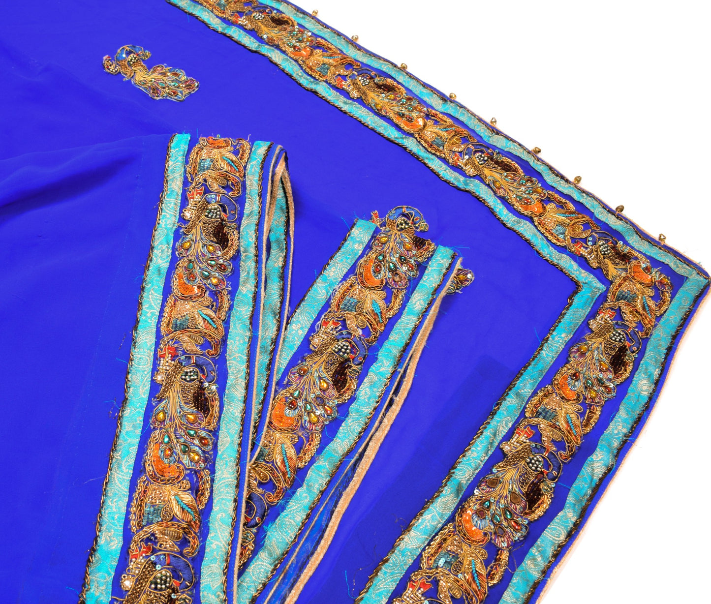 Sushila Vintage Handmade AppliqueWork Saree Art Georgette HEAVY Blue Sari Fabric