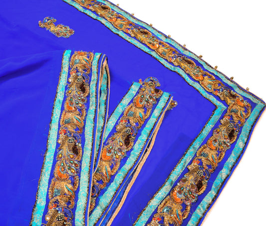 Sushila Vintage Handmade AppliqueWork Saree Art Georgette HEAVY Blue Sari Fabric