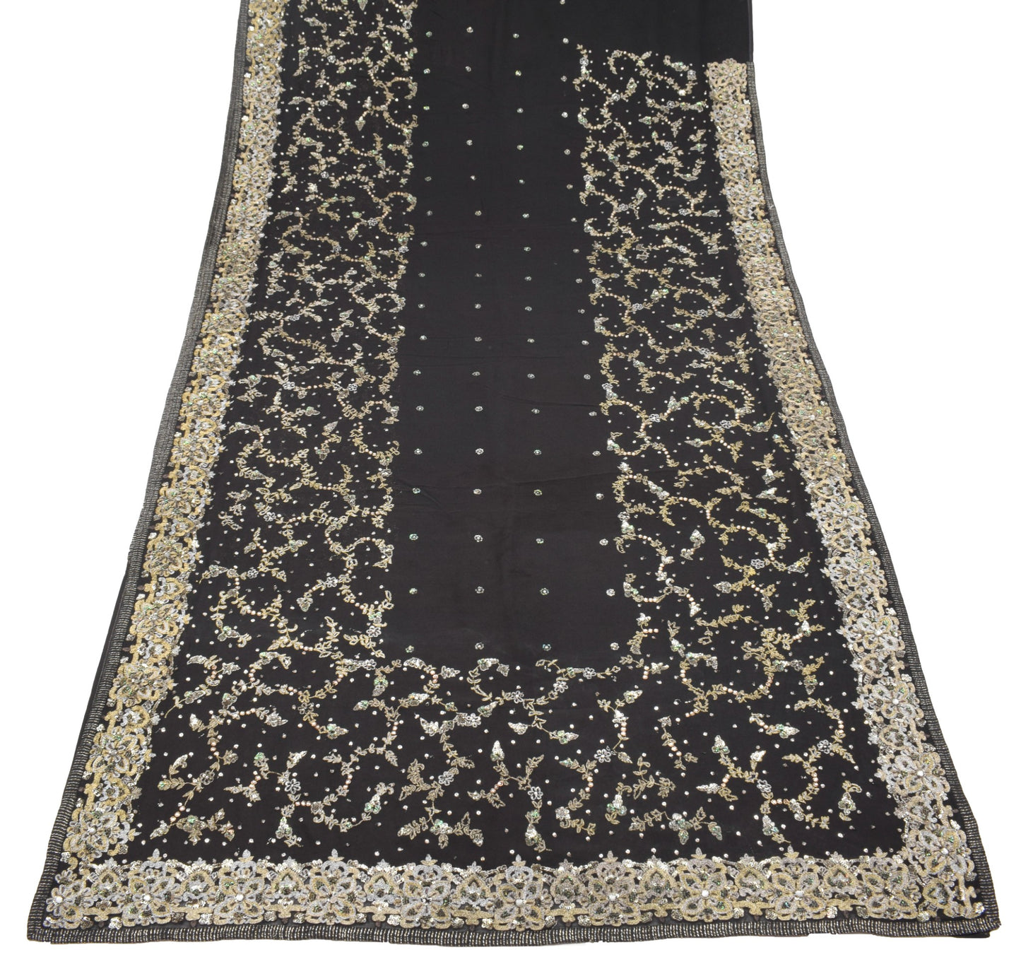 Sushila Vintage HEAVY Black Saree Pure Georgette Silver Gold Zari Work 5YD Sari