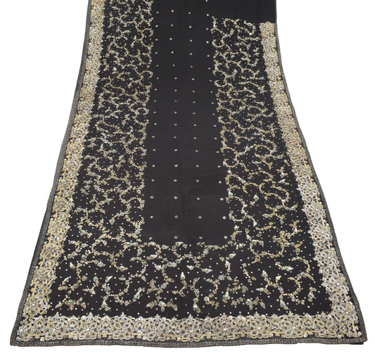 Sushila Vintage HEAVY Black Saree Pure Georgette Silver Gold Zari Work 5YD Sari