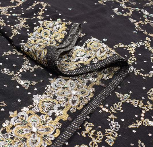 Sushila Vintage HEAVY Black Saree Pure Georgette Silver Gold Zari Work 5YD Sari
