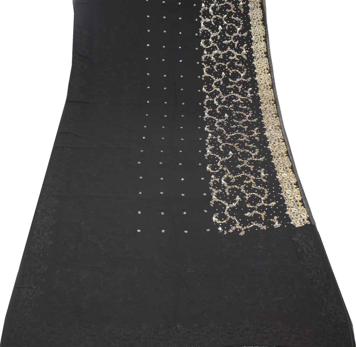 Sushila Vintage HEAVY Black Saree Pure Georgette Silver Gold Zari Work 5YD Sari