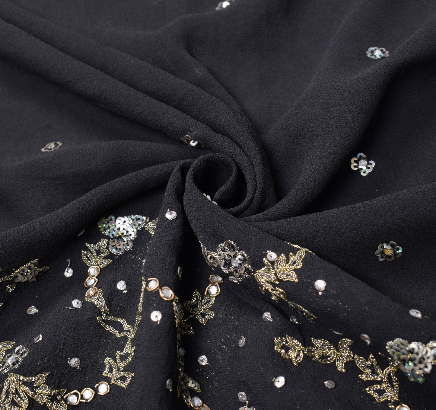 Sushila Vintage HEAVY Black Saree Pure Georgette Silver Gold Zari Work 5YD Sari