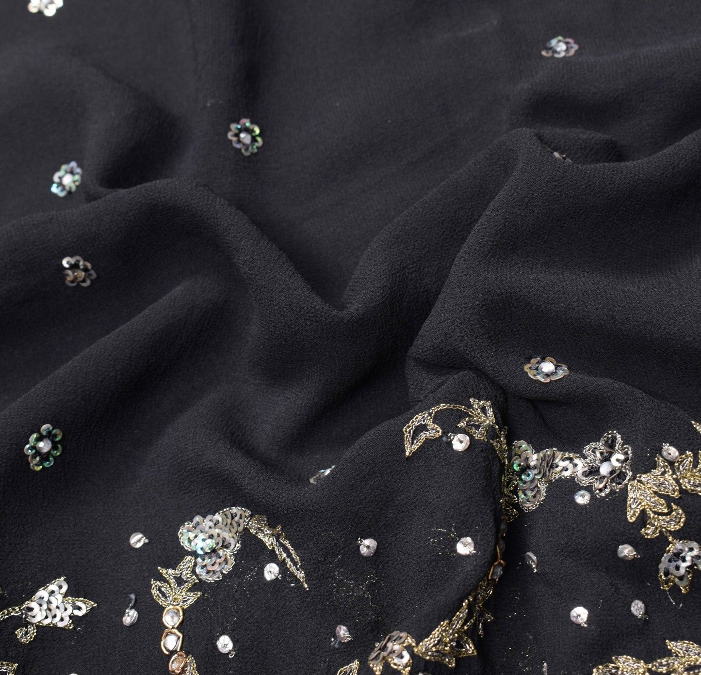 Sushila Vintage HEAVY Black Saree Pure Georgette Silver Gold Zari Work 5YD Sari