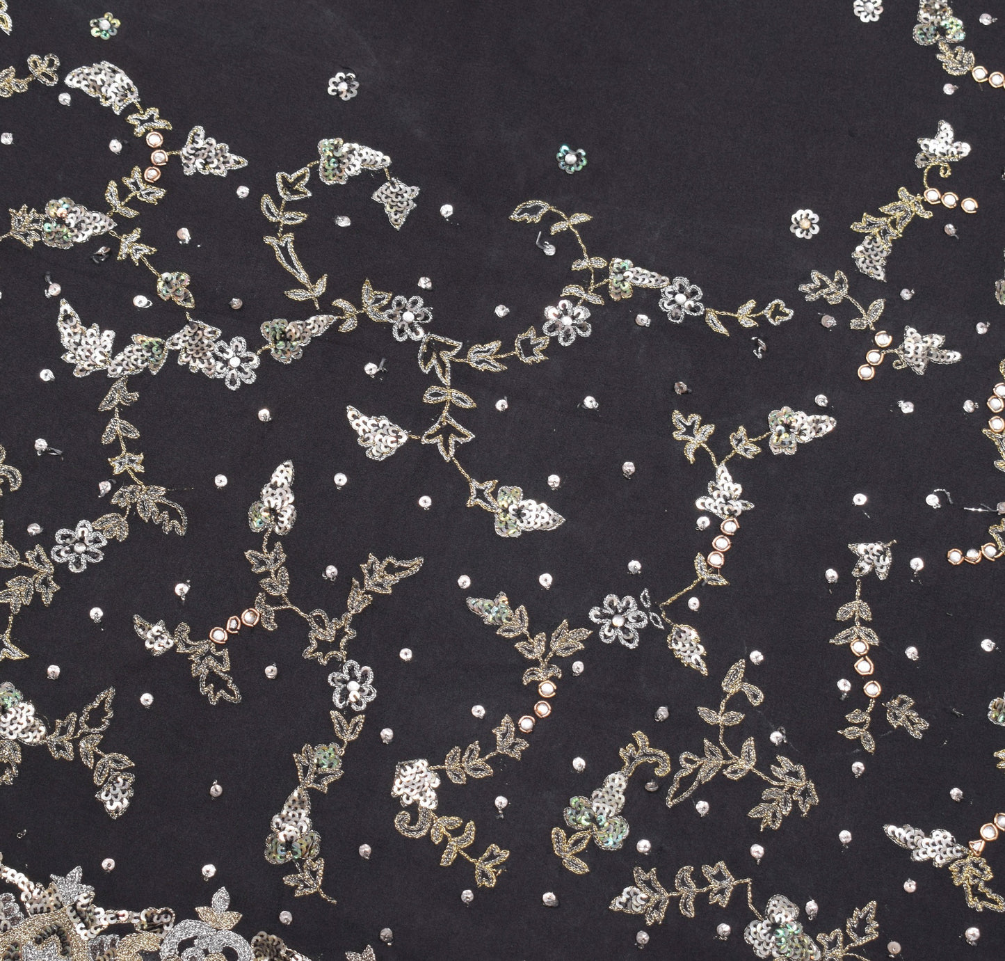 Sushila Vintage HEAVY Black Saree Pure Georgette Silver Gold Zari Work 5YD Sari