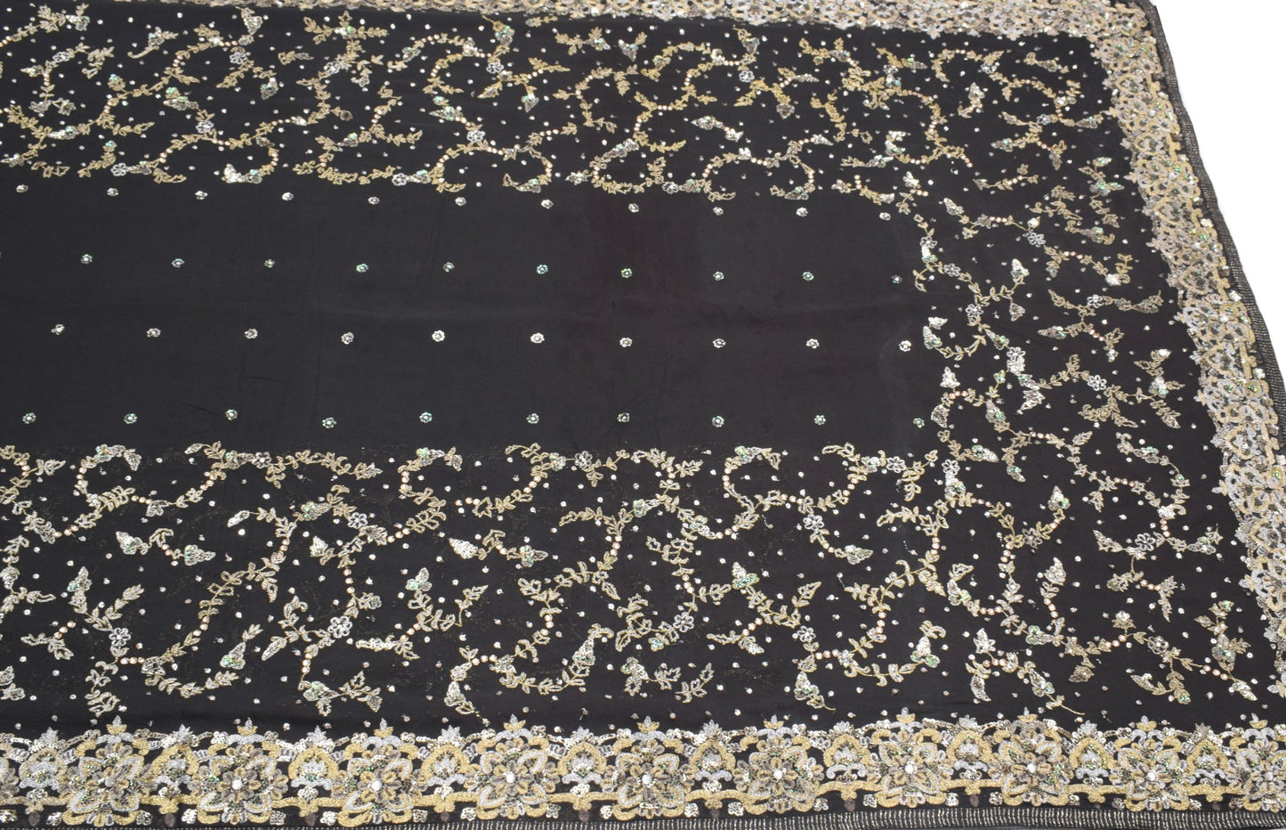 Sushila Vintage HEAVY Black Saree Pure Georgette Silver Gold Zari Work 5YD Sari