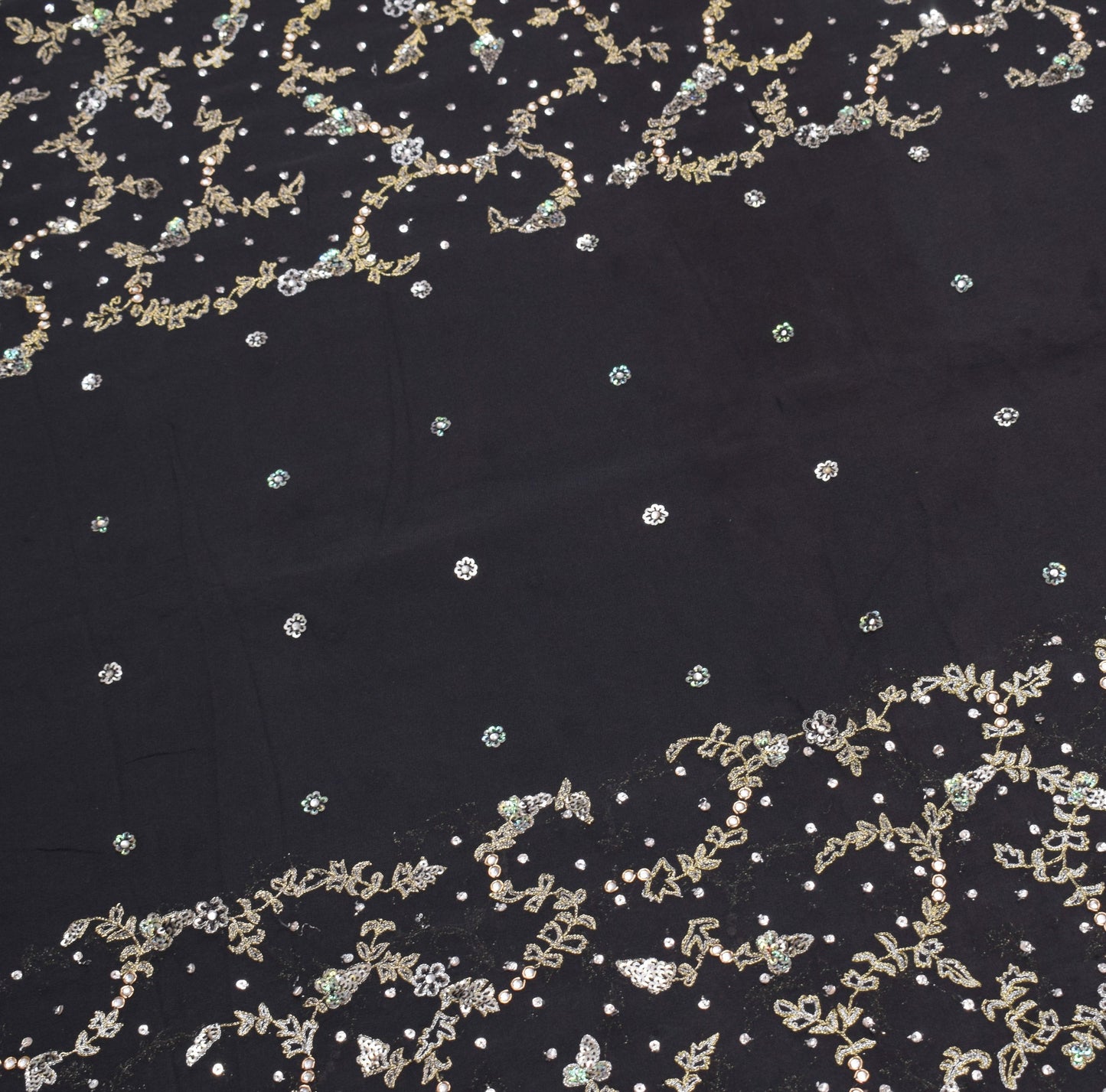 Sushila Vintage HEAVY Black Saree Pure Georgette Silver Gold Zari Work 5YD Sari