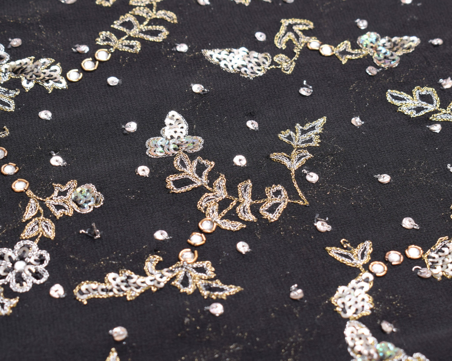 Sushila Vintage HEAVY Black Saree Pure Georgette Silver Gold Zari Work 5YD Sari