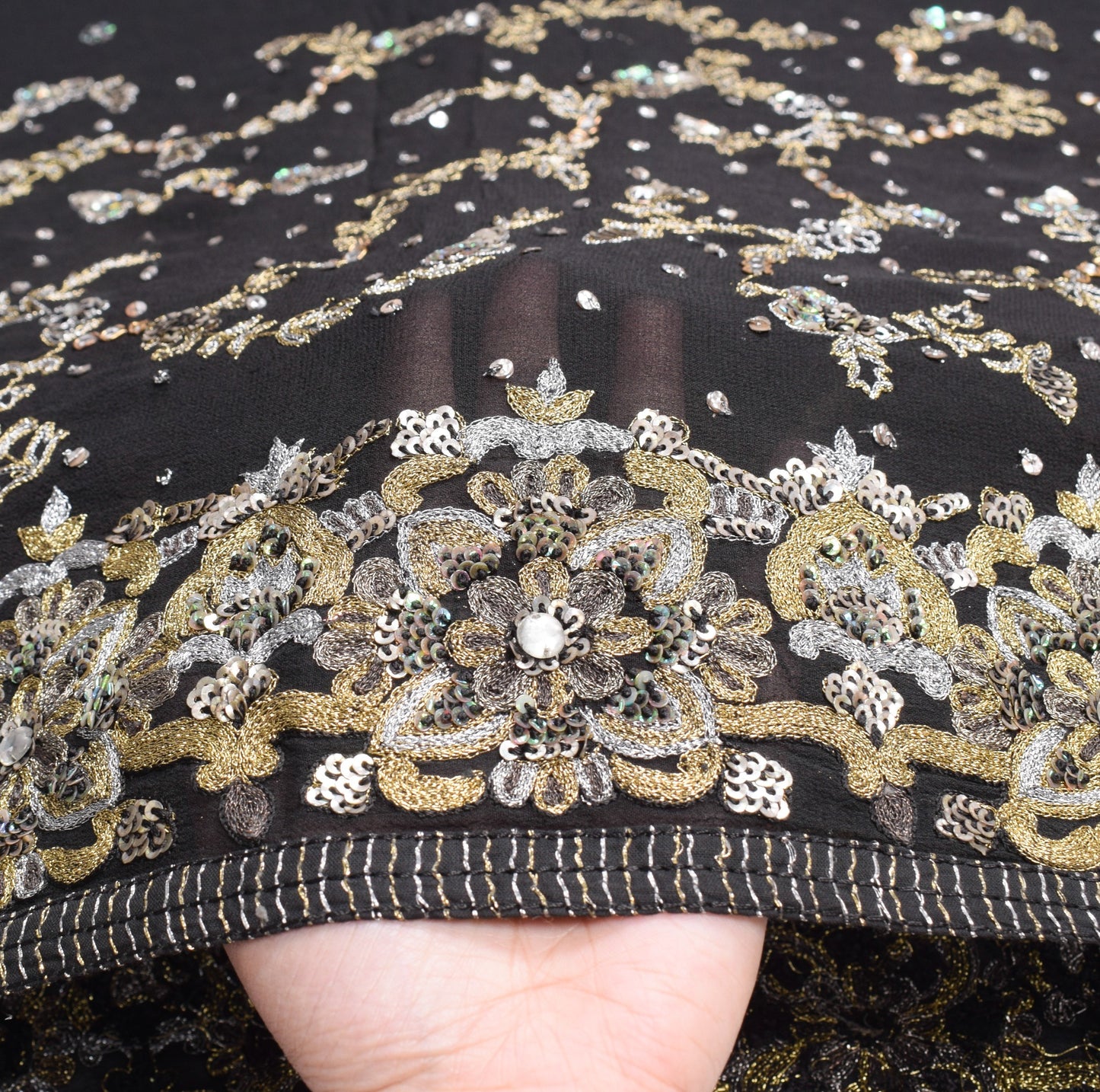 Sushila Vintage HEAVY Black Saree Pure Georgette Silver Gold Zari Work 5YD Sari