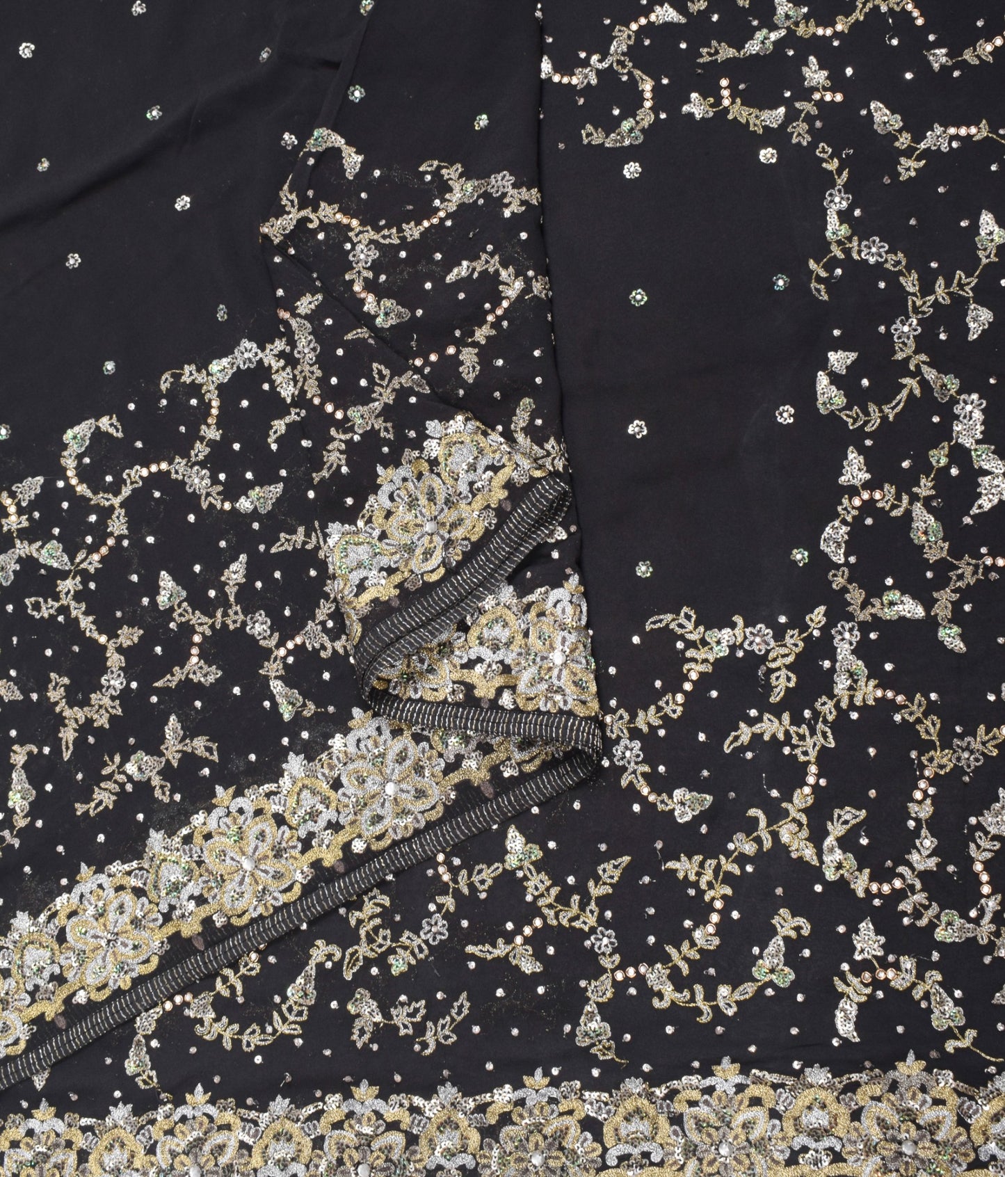 Sushila Vintage HEAVY Black Saree Pure Georgette Silver Gold Zari Work 5YD Sari