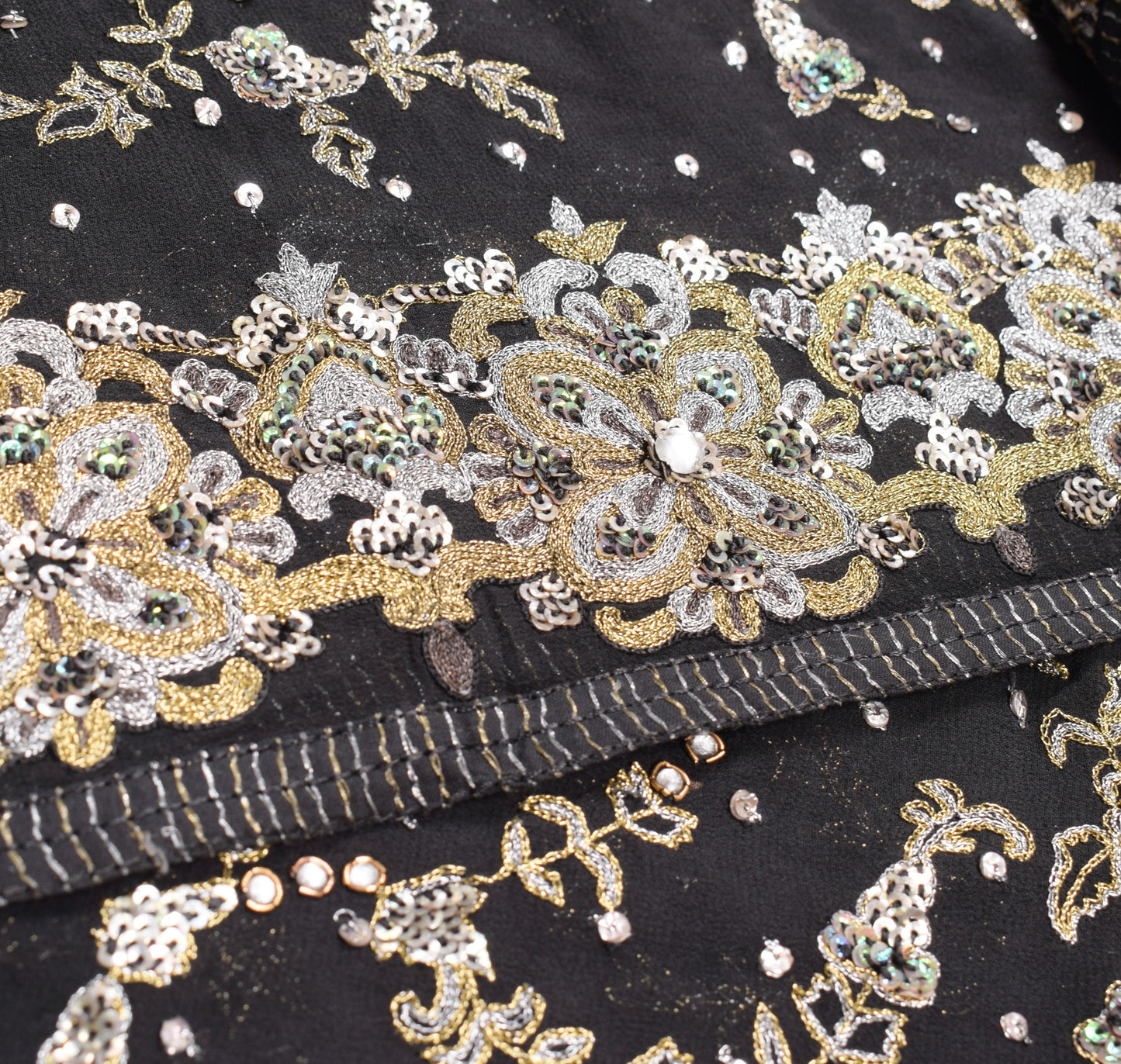 Sushila Vintage HEAVY Black Saree Pure Georgette Silver Gold Zari Work 5YD Sari