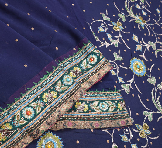 Sushila Vintage Zari Embroidered Saree Pure Georgette HEAVY Blue 5YD Sari Fabric