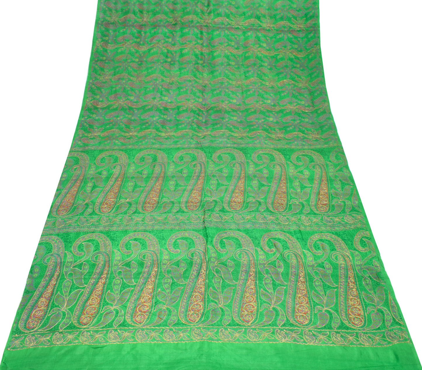 Sushila Vintage Green Pure Silk Saree Paisley Printed & Aari Work Sari Fabric