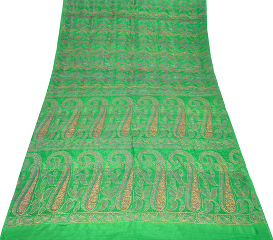 Sushila Vintage Green Pure Silk Saree Paisley Printed & Aari Work Sari Fabric