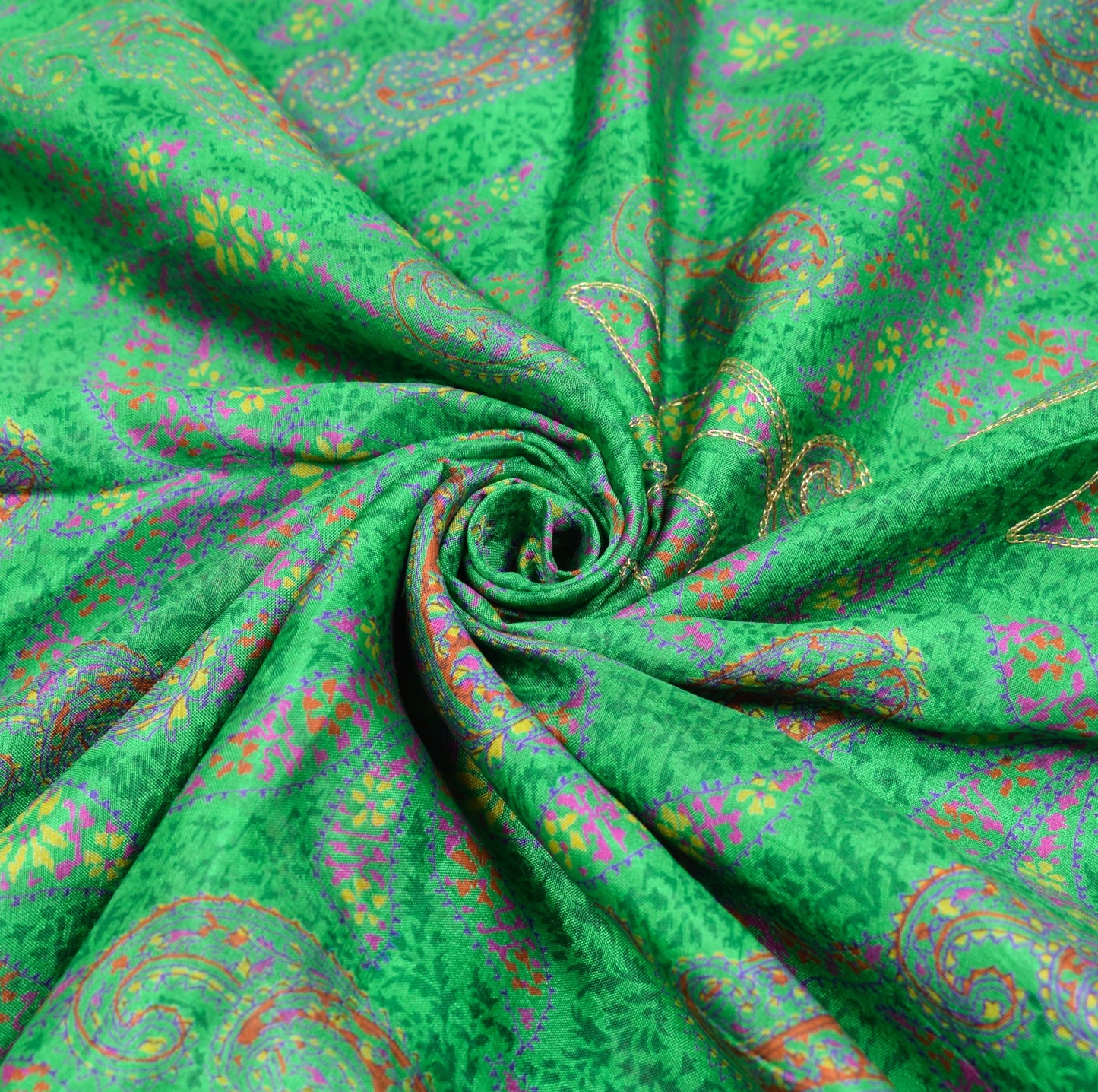 Sushila Vintage Green Pure Silk Saree Paisley Printed & Aari Work Sari Fabric