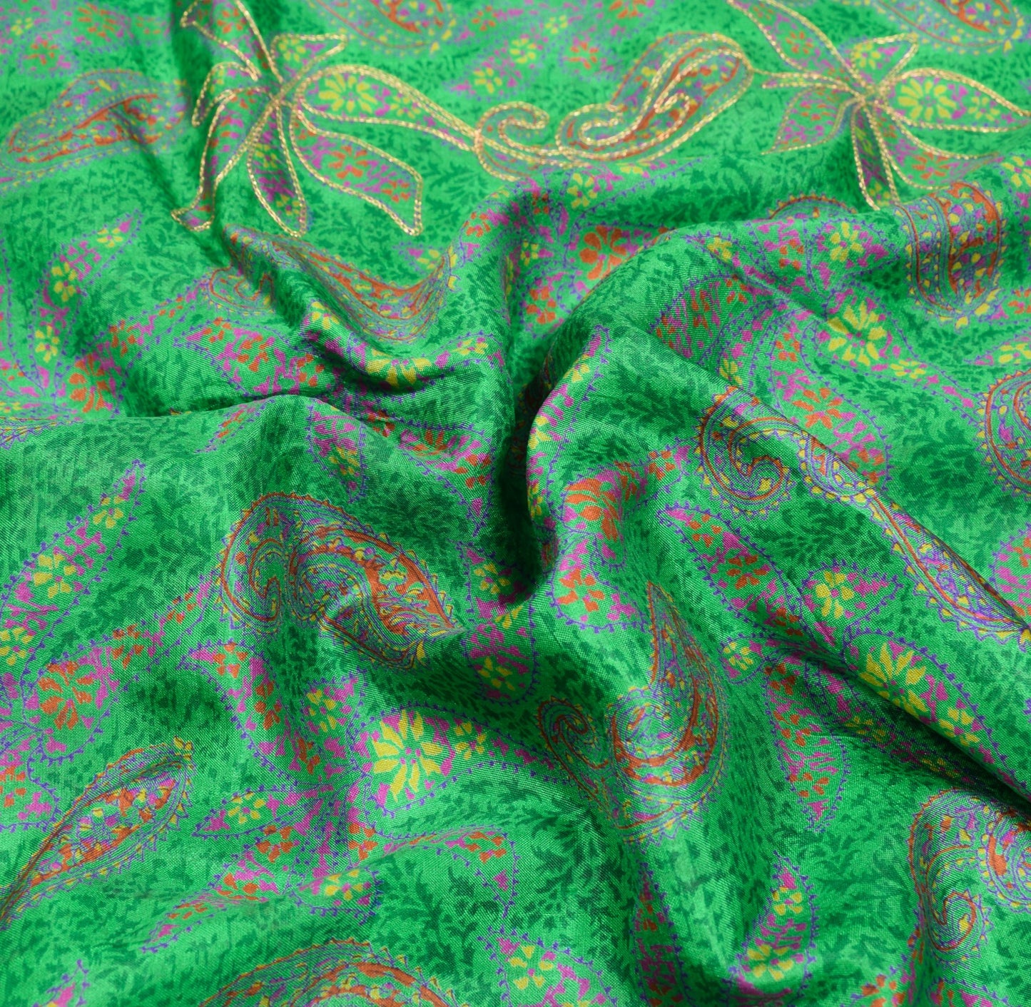 Sushila Vintage Green Pure Silk Saree Paisley Printed & Aari Work Sari Fabric