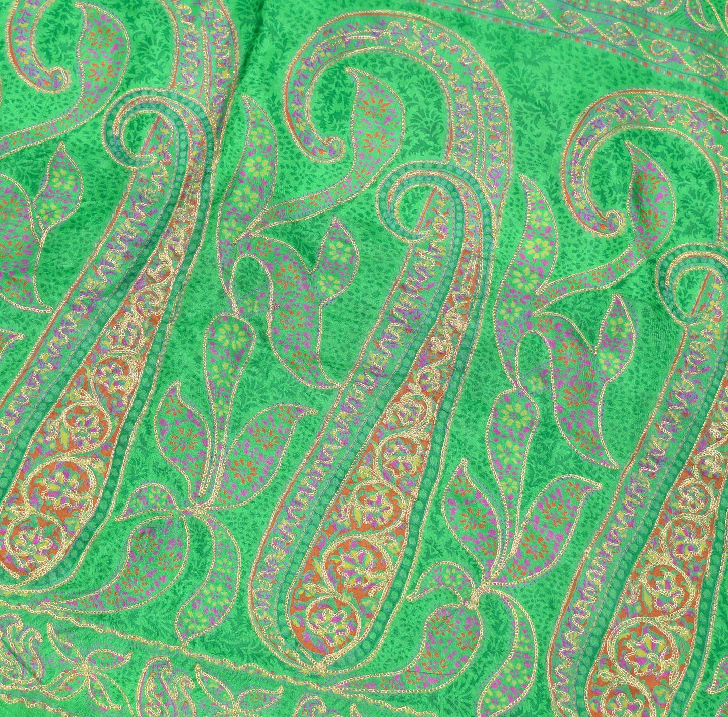 Sushila Vintage Green Pure Silk Saree Paisley Printed & Aari Work Sari Fabric