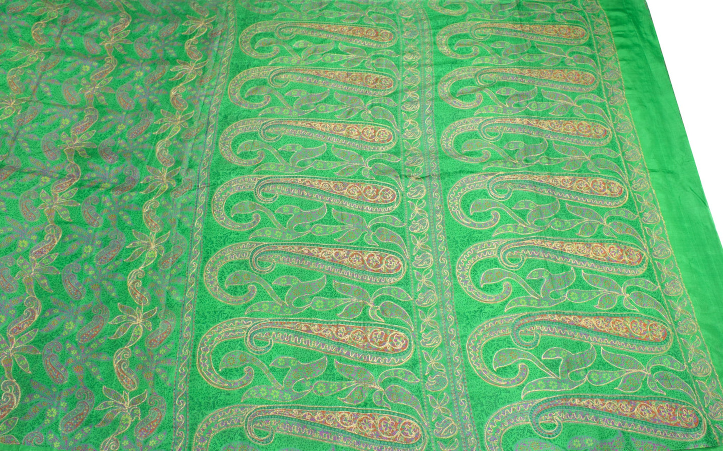 Sushila Vintage Green Pure Silk Saree Paisley Printed & Aari Work Sari Fabric