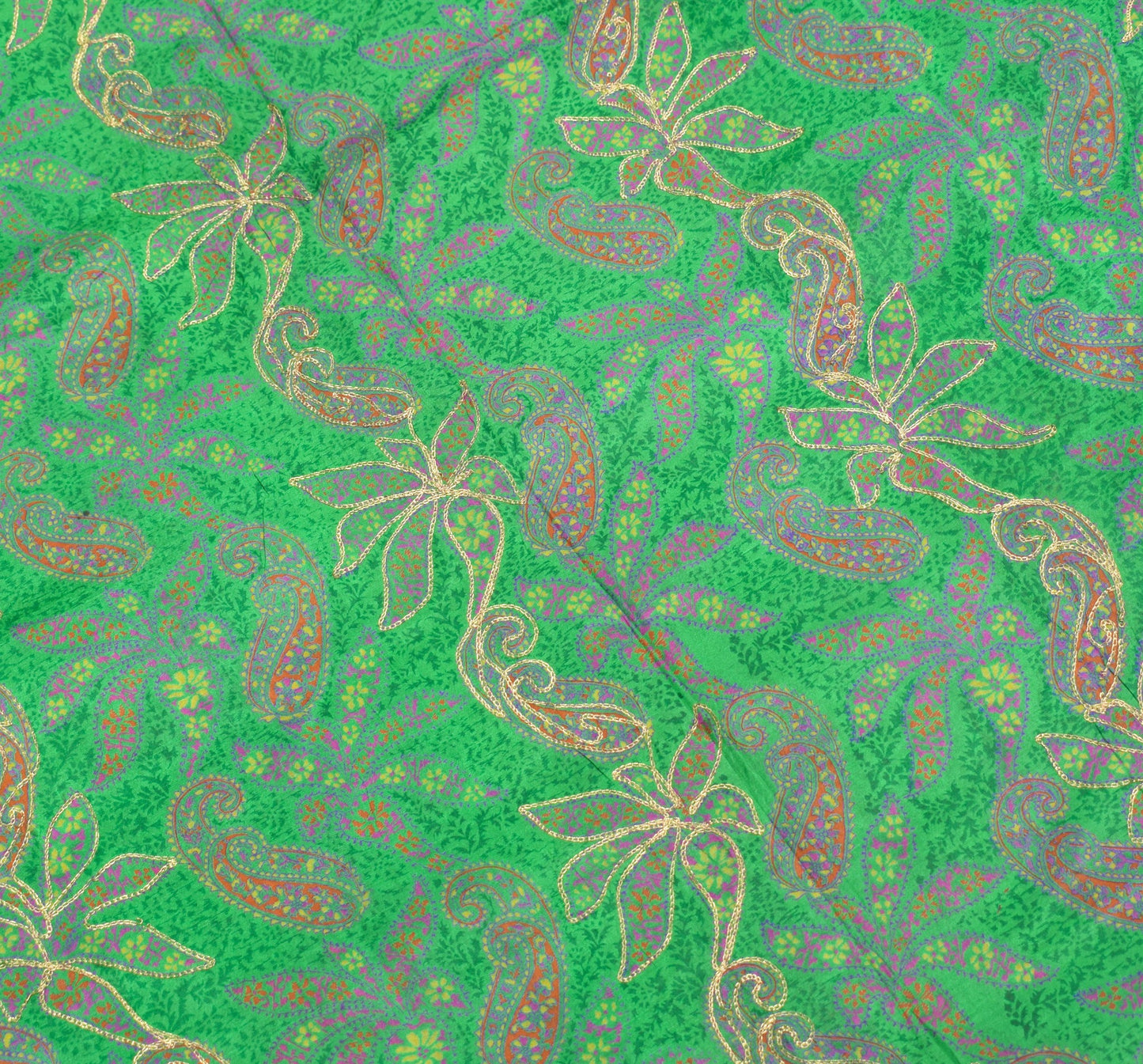 Sushila Vintage Green Pure Silk Saree Paisley Printed & Aari Work Sari Fabric