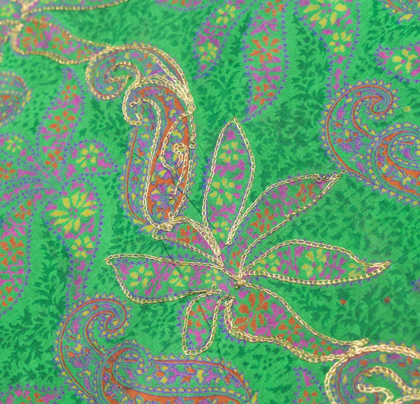Sushila Vintage Green Pure Silk Saree Paisley Printed & Aari Work Sari Fabric