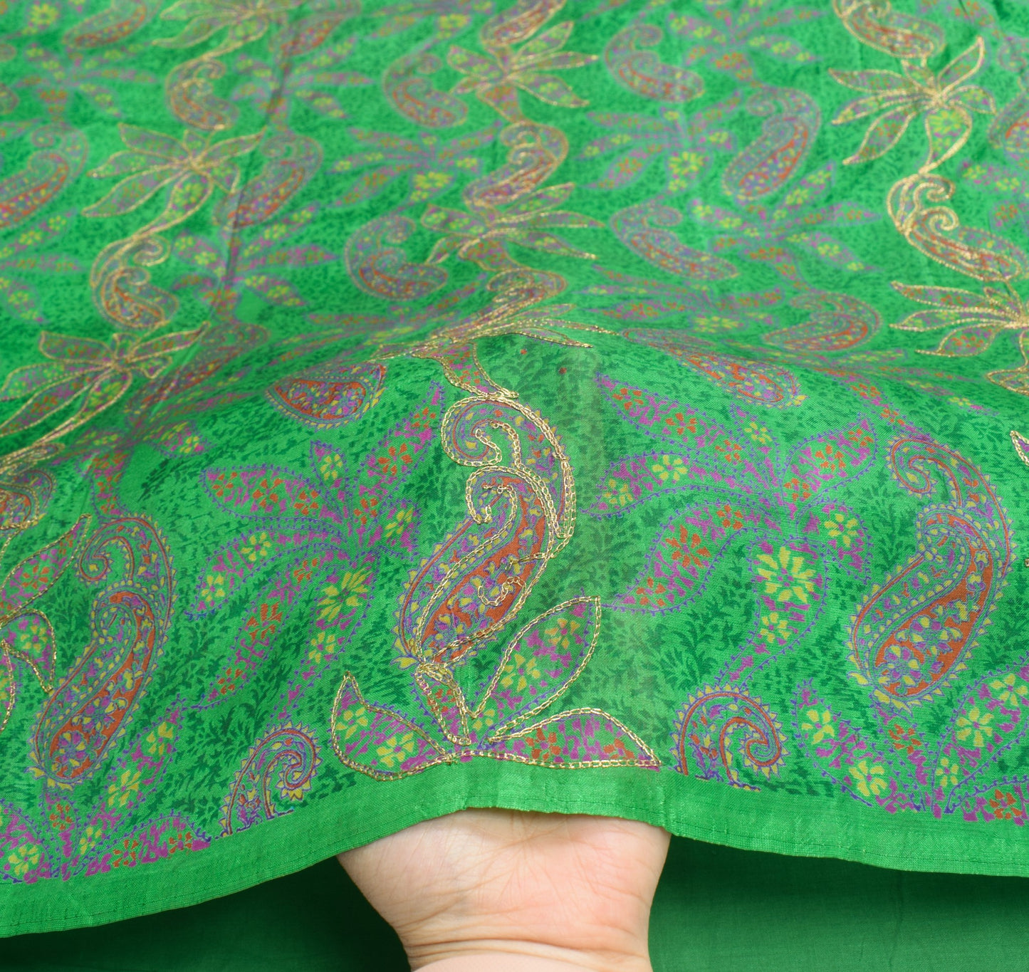 Sushila Vintage Green Pure Silk Saree Paisley Printed & Aari Work Sari Fabric