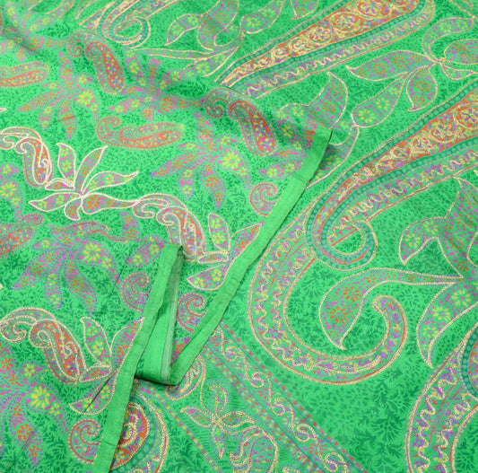 Sushila Vintage Green Pure Silk Saree Paisley Printed & Aari Work Sari Fabric