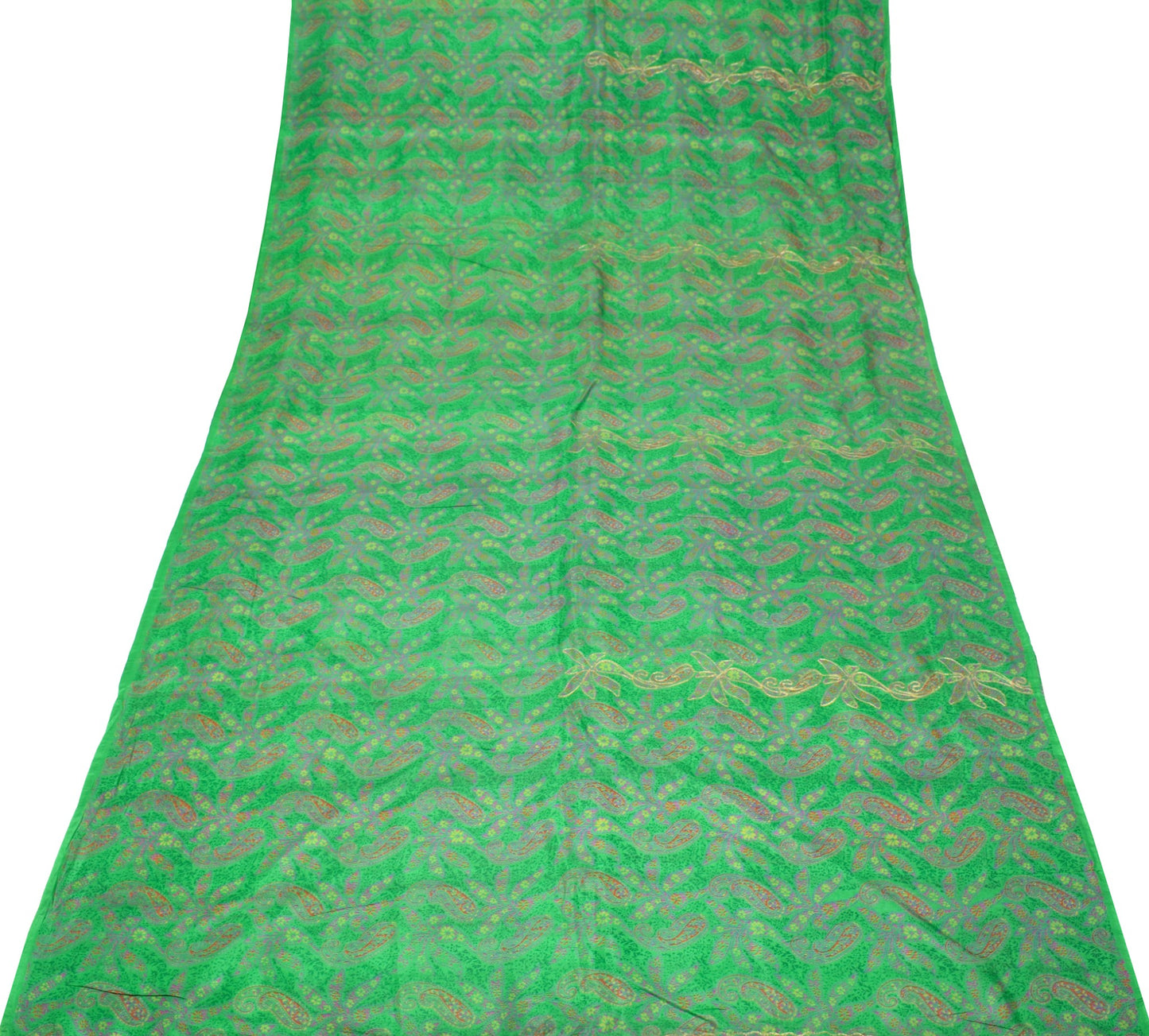 Sushila Vintage Green Pure Silk Saree Paisley Printed & Aari Work Sari Fabric