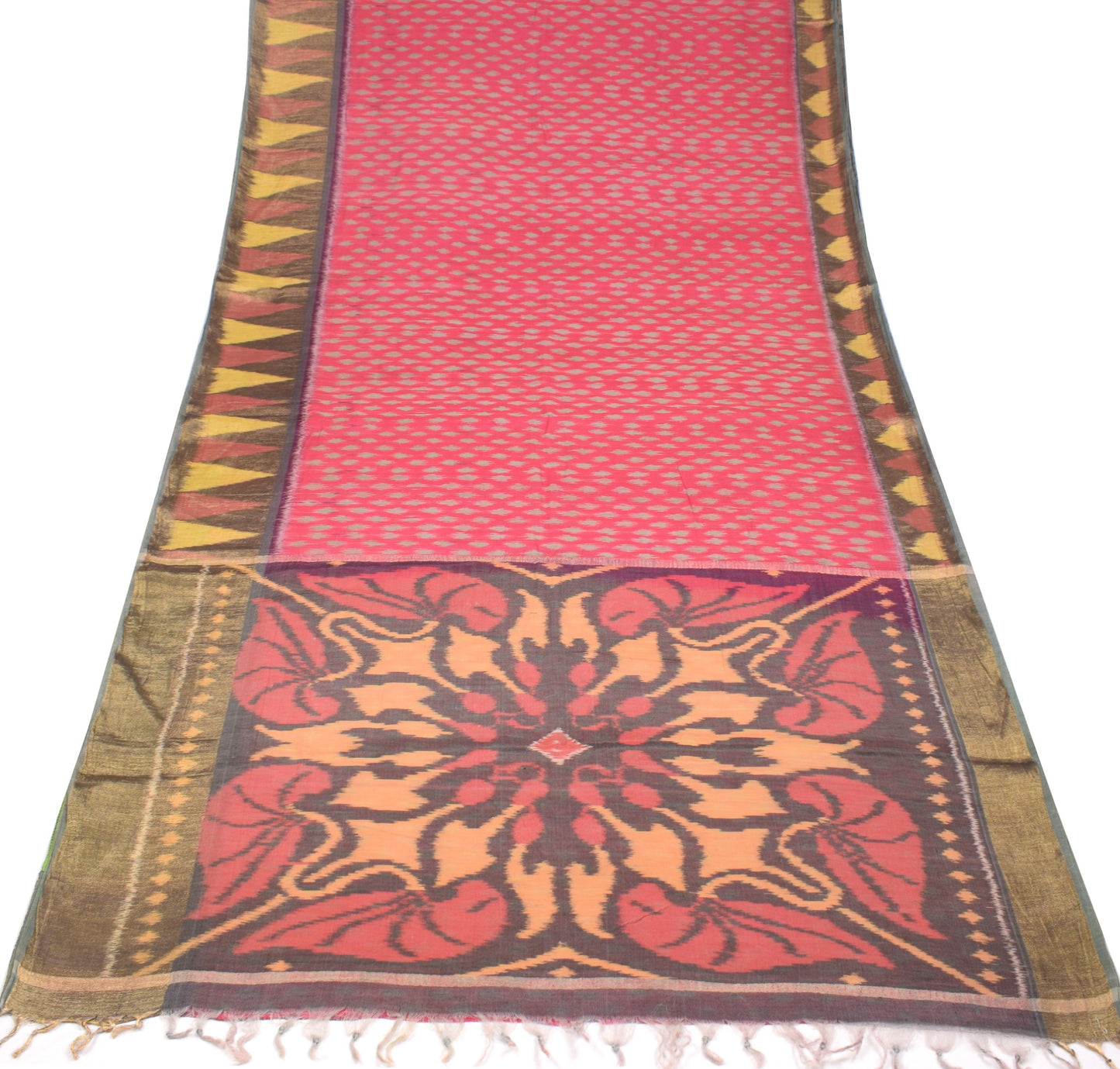 Sushila Vintage Dark Pink Saree Pochampally Handwoven Ikat Pure Cotton Silk Sari