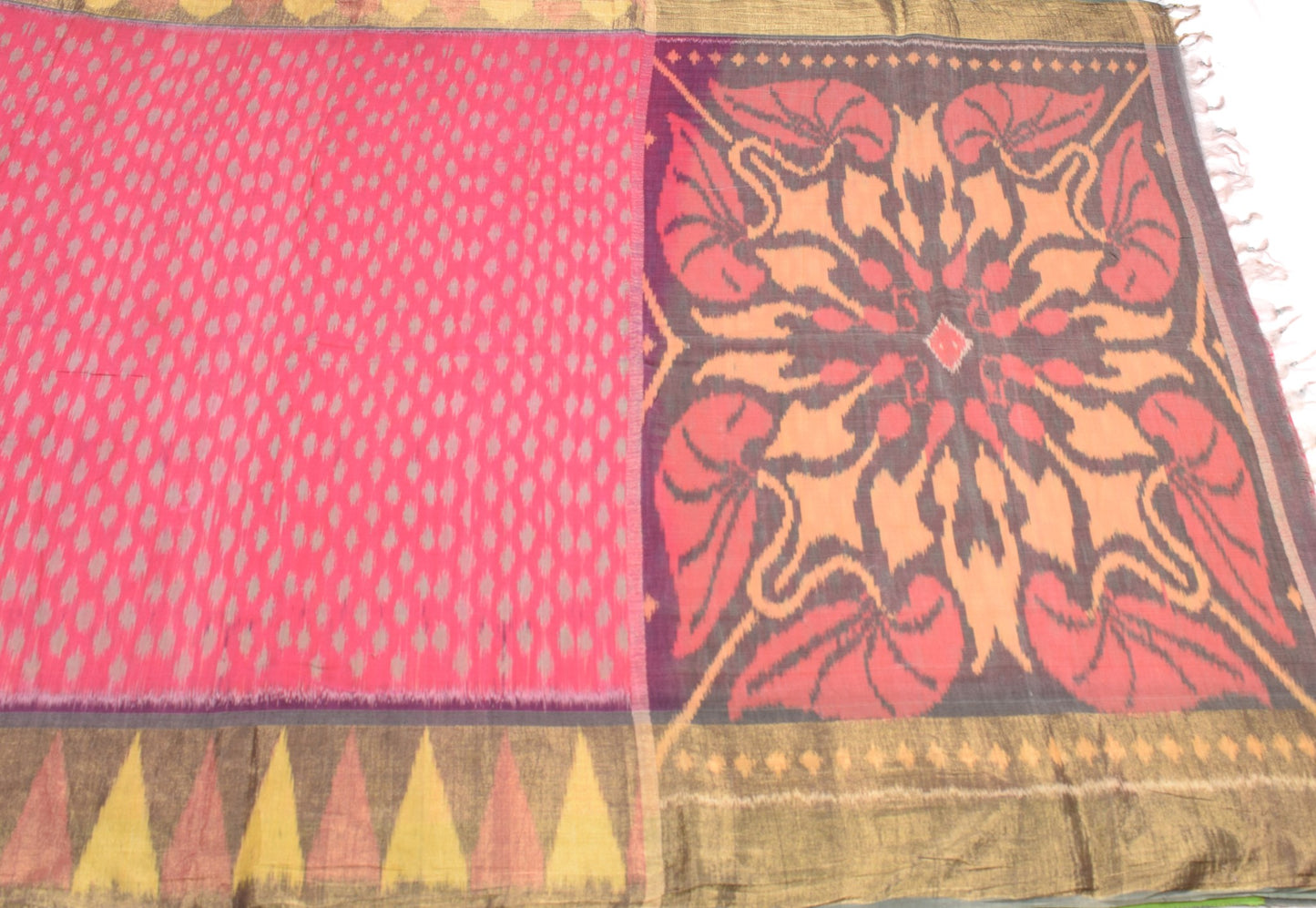 Sushila Vintage Dark Pink Saree Pochampally Handwoven Ikat Pure Cotton Silk Sari