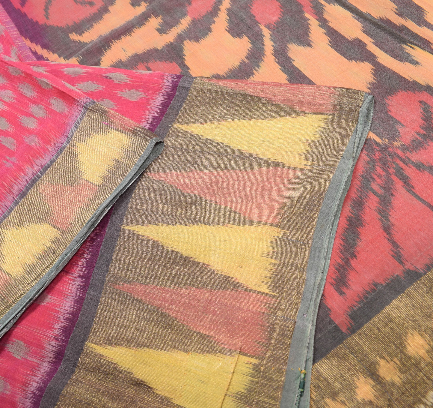 Sushila Vintage Dark Pink Saree Pochampally Handwoven Ikat Pure Cotton Silk Sari