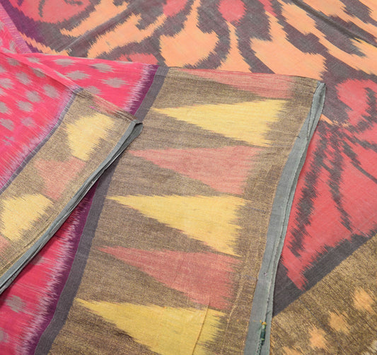Sushila Vintage Dark Pink Saree Pochampally Handwoven Ikat Pure Cotton Silk Sari