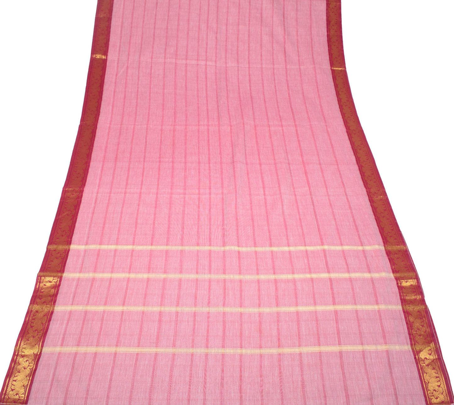 Sushila Vintage Pink Saree Art Cotton Silk Checks Body Elephant Border 6 YD Sari