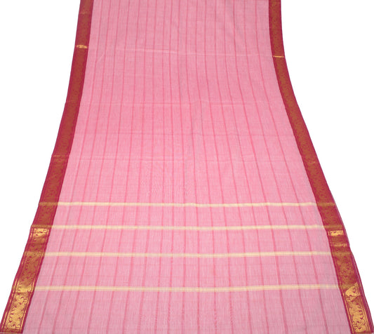 Sushila Vintage Pink Saree Art Cotton Silk Checks Body Elephant Border 6 YD Sari