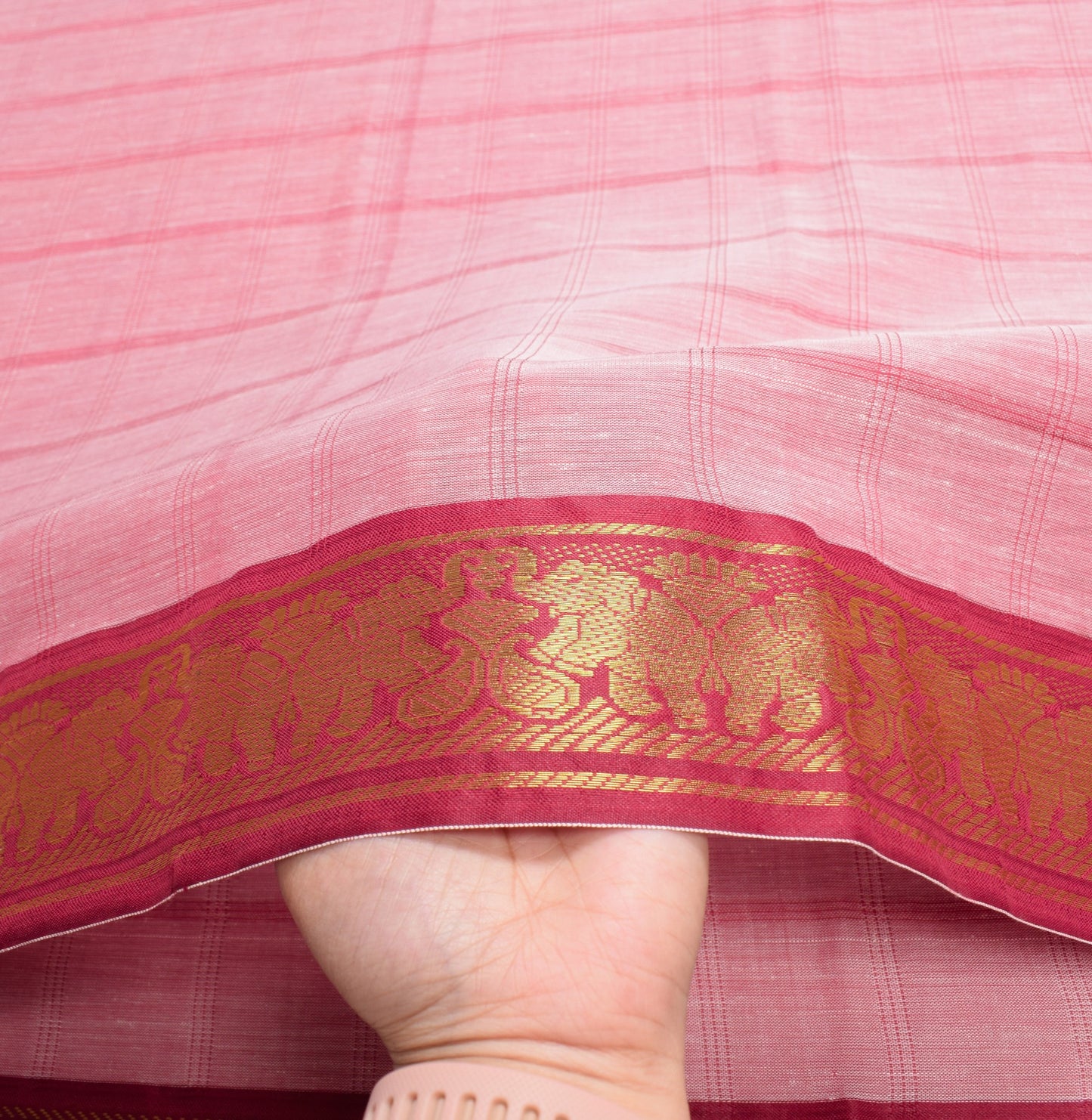 Sushila Vintage Pink Saree Art Cotton Silk Checks Body Elephant Border 6 YD Sari