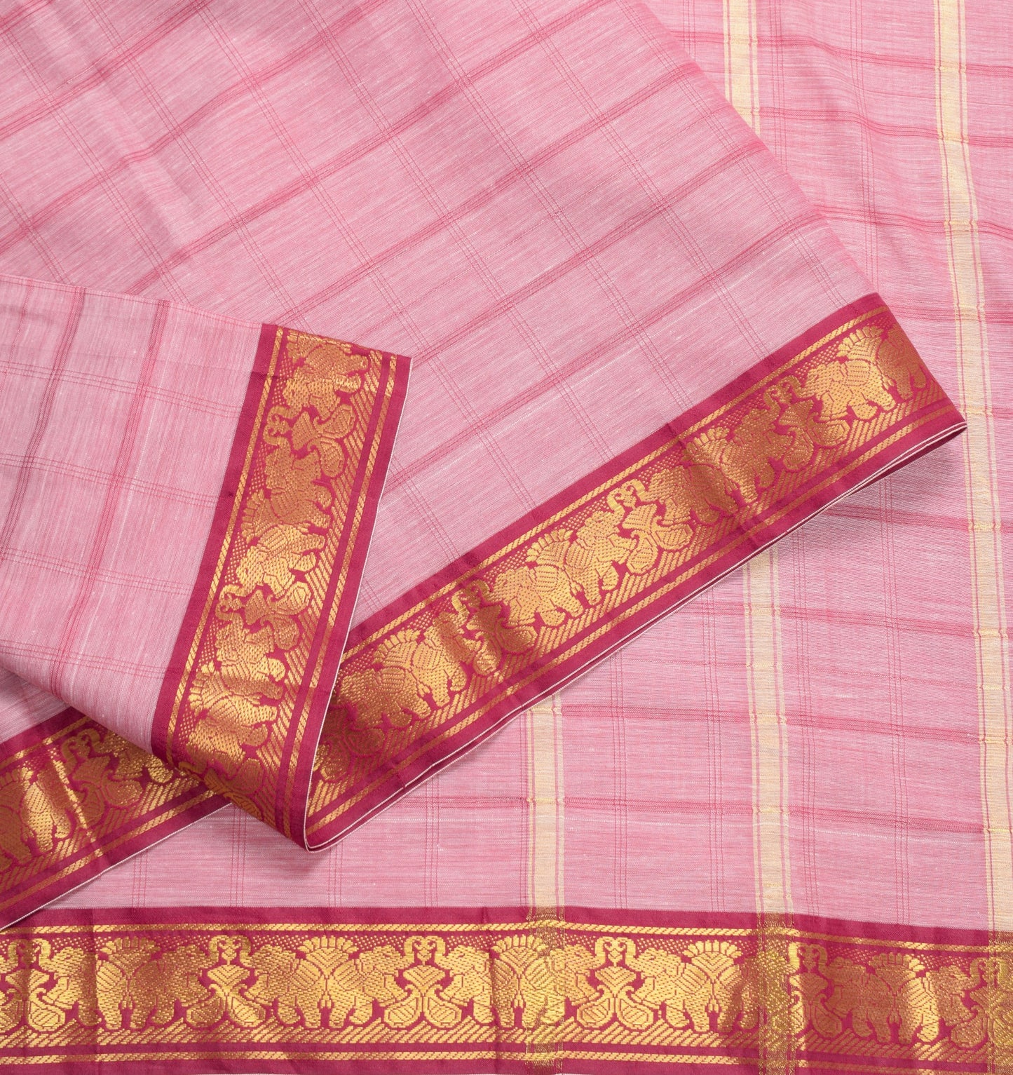 Sushila Vintage Pink Saree Art Cotton Silk Checks Body Elephant Border 6 YD Sari