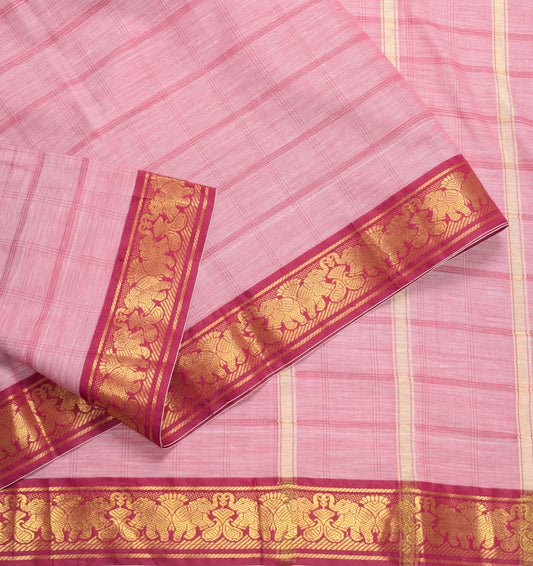 Sushila Vintage Pink Saree Art Cotton Silk Checks Body Elephant Border 6 YD Sari