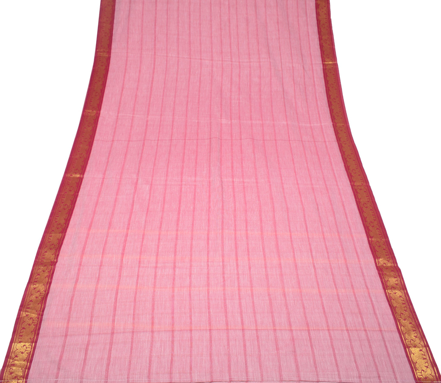 Sushila Vintage Pink Saree Art Cotton Silk Checks Body Elephant Border 6 YD Sari