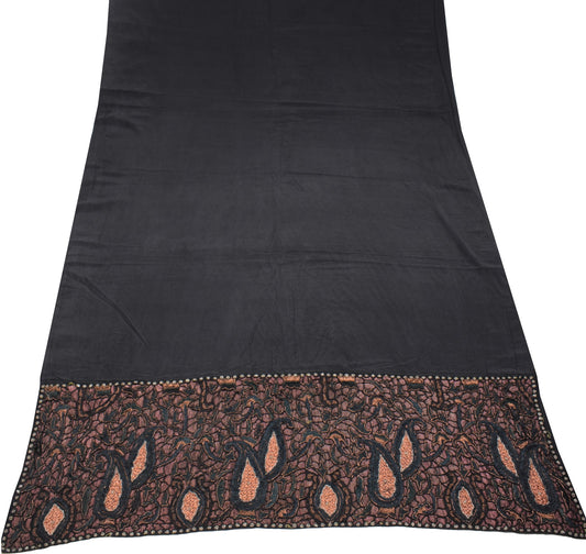 Sushila Vintage Black Plain Saree Aari Work Embroidered Pure Crepe Sari Fabric