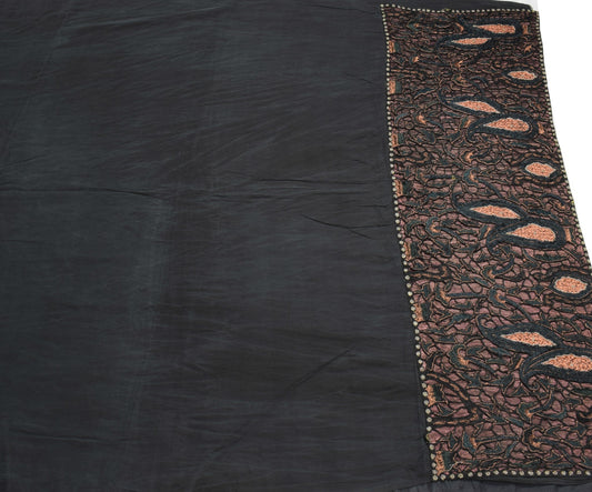 Sushila Vintage Black Plain Saree Aari Work Embroidered Pure Crepe Sari Fabric