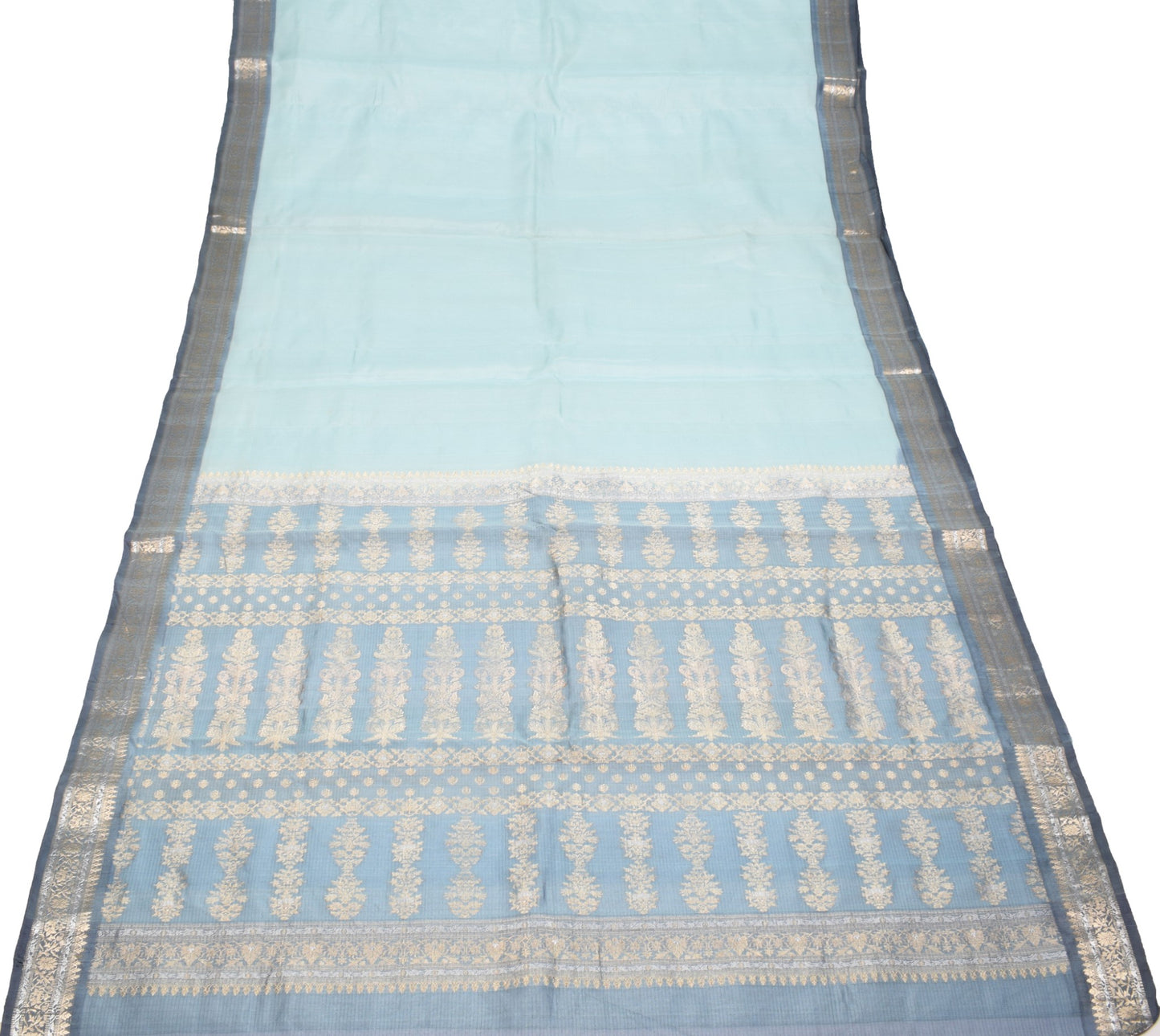 Sushila Vintage Blue Gray Saree Silver Gold Zari Woven Pure Organza Sari Fabric