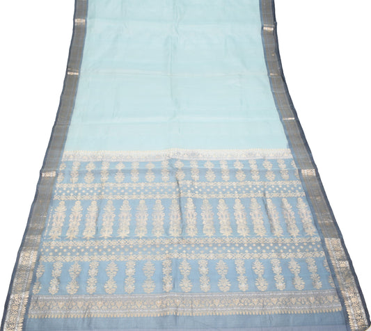 Sushila Vintage Blue Gray Saree Silver Gold Zari Woven Pure Organza Sari Fabric