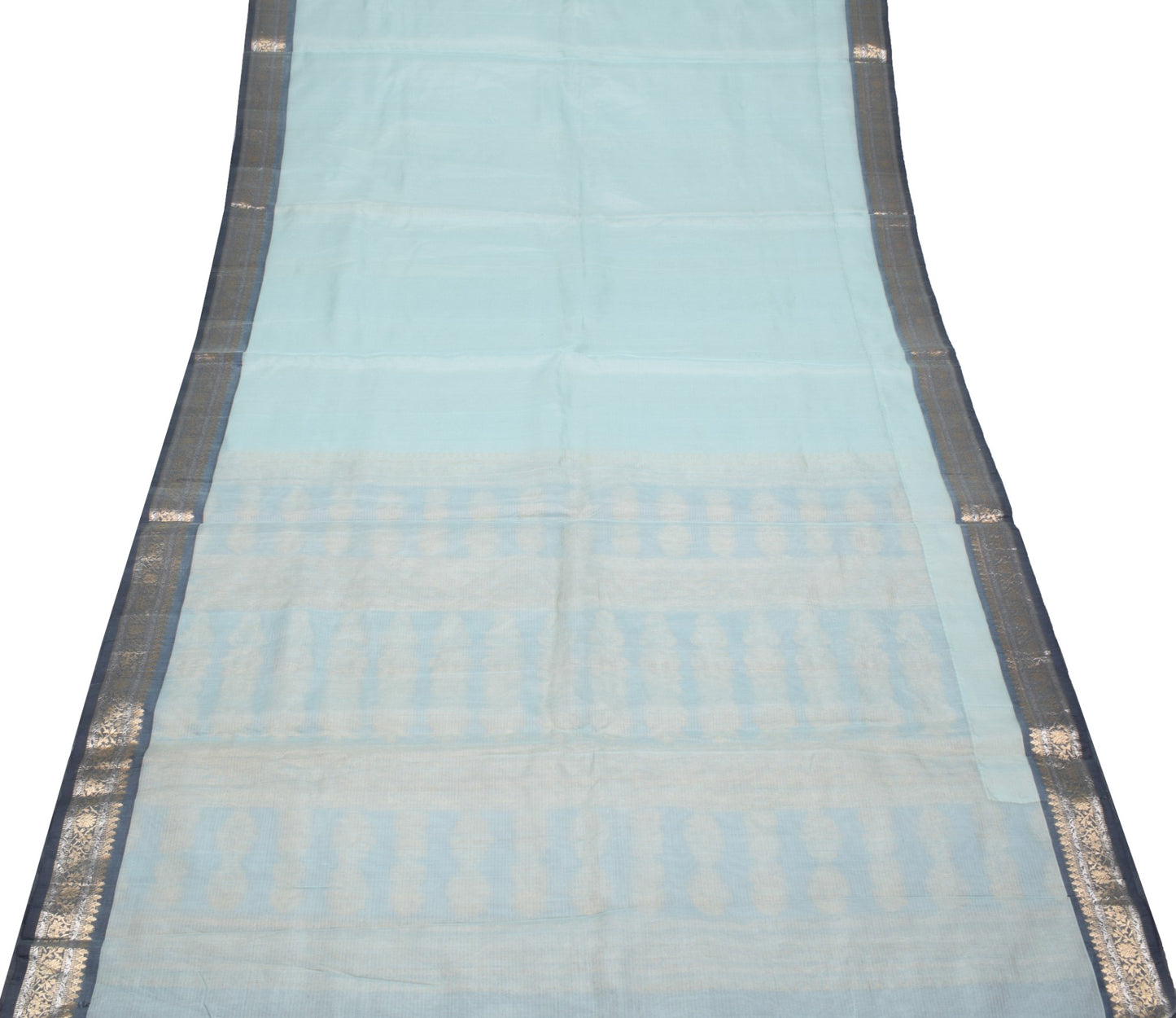 Sushila Vintage Blue Gray Saree Silver Gold Zari Woven Pure Organza Sari Fabric