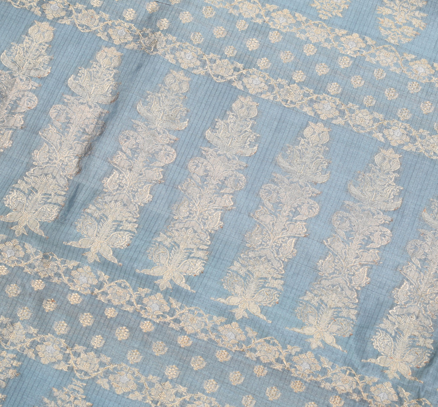 Sushila Vintage Blue Gray Saree Silver Gold Zari Woven Pure Organza Sari Fabric