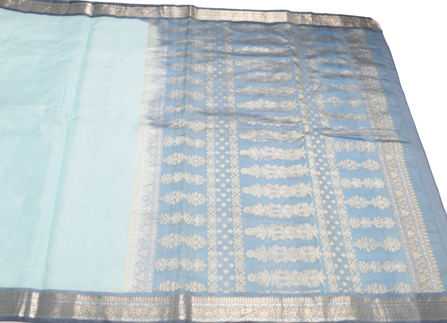 Sushila Vintage Blue Gray Saree Silver Gold Zari Woven Pure Organza Sari Fabric