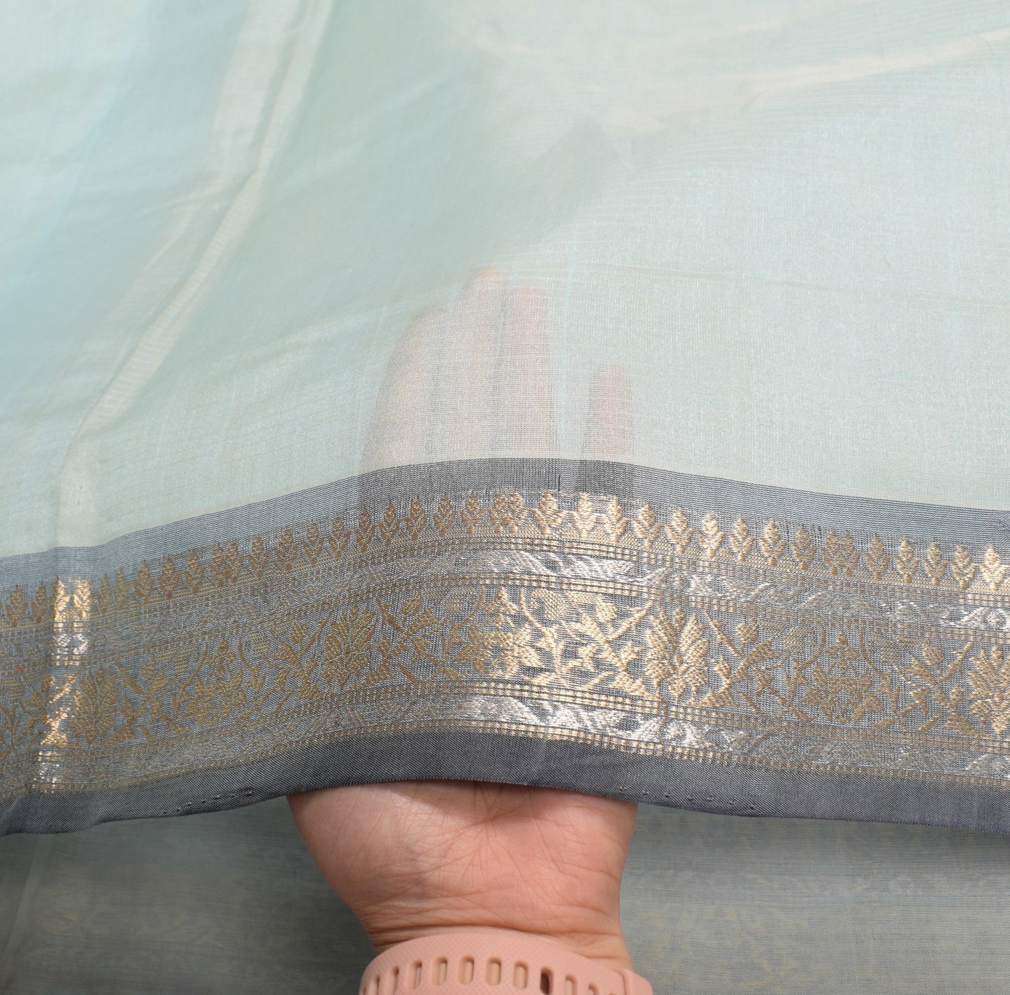 Sushila Vintage Blue Gray Saree Silver Gold Zari Woven Pure Organza Sari Fabric