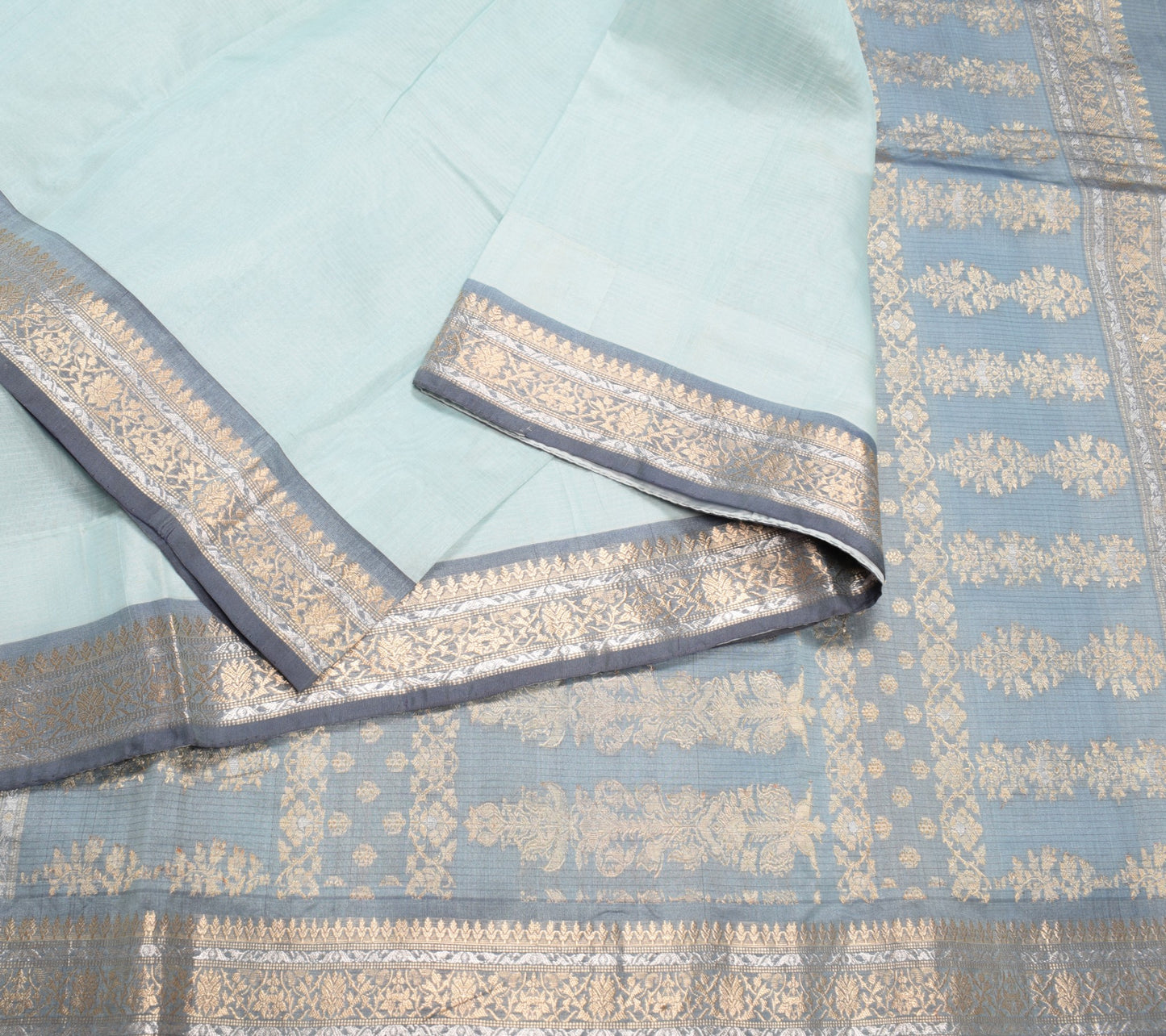 Sushila Vintage Blue Gray Saree Silver Gold Zari Woven Pure Organza Sari Fabric