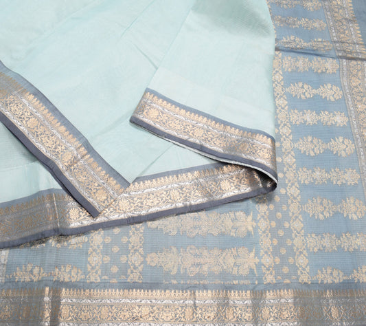 Sushila Vintage Blue Gray Saree Silver Gold Zari Woven Pure Organza Sari Fabric